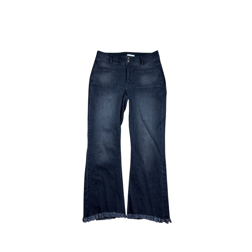 Spartina 449 Womens Dark Wash black flare raw Hem Jeans Size 4 High Rise Patch - Picture 1 of 5